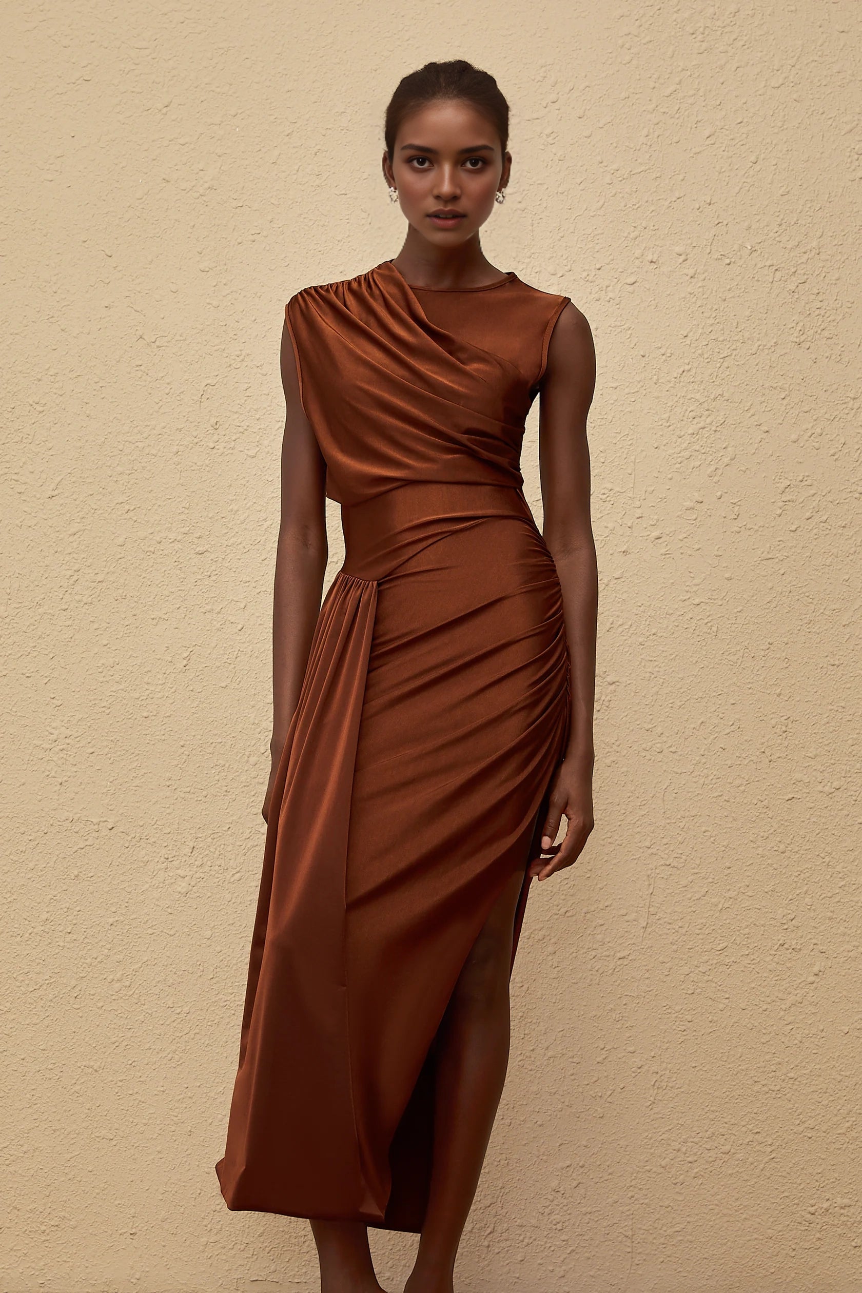 Rust Satin Asymmetric Midi Dress with Draping Reine Brown Asymmetrical Ruched Maxi Dress Evening Dress