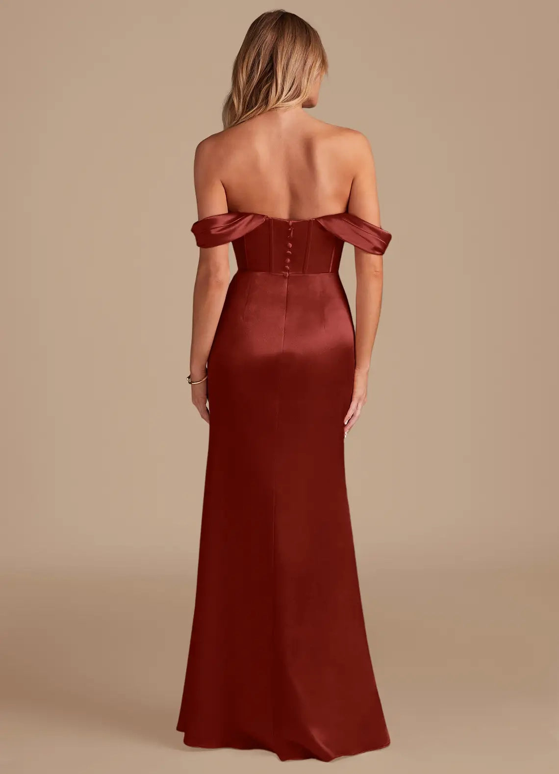 Rust Satin Off-Shoulder Maxi Dress with Side Slit and Corset Detail Terracotta Sheath Metallic Satin Dress Bridesmaid Dresses