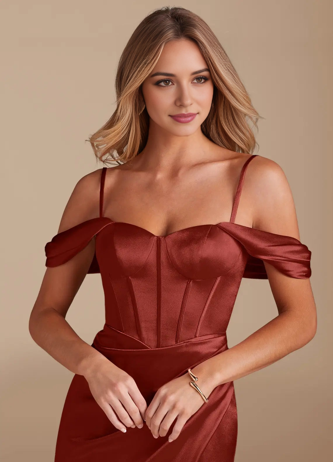 Rust Satin Off-Shoulder Maxi Dress with Side Slit and Corset Detail Terracotta Sheath Metallic Satin Dress Bridesmaid Dresses