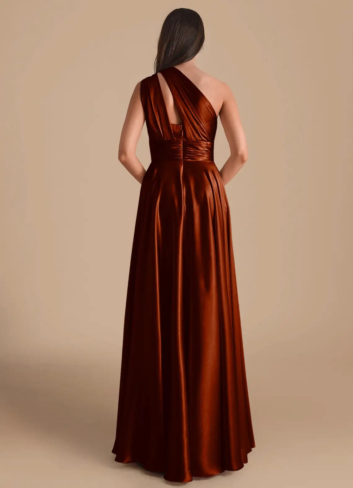 Rust Satin One-Shoulder Maxi Dress A-Line One Shoulder Metallic Satin Dress Bridesmaid Dresses