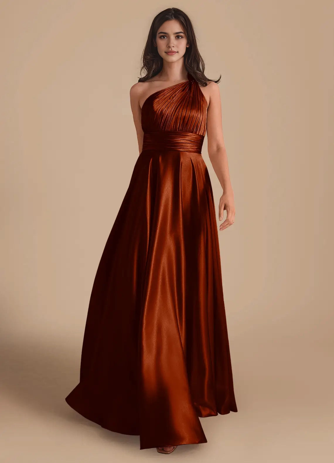 Rust Satin One-Shoulder Maxi Dress A-Line One Shoulder Metallic Satin Dress Bridesmaid Dresses