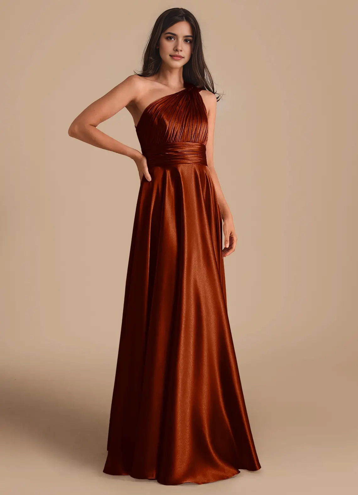 Rust Satin One-Shoulder Maxi Dress A-Line One Shoulder Metallic Satin Dress Bridesmaid Dresses