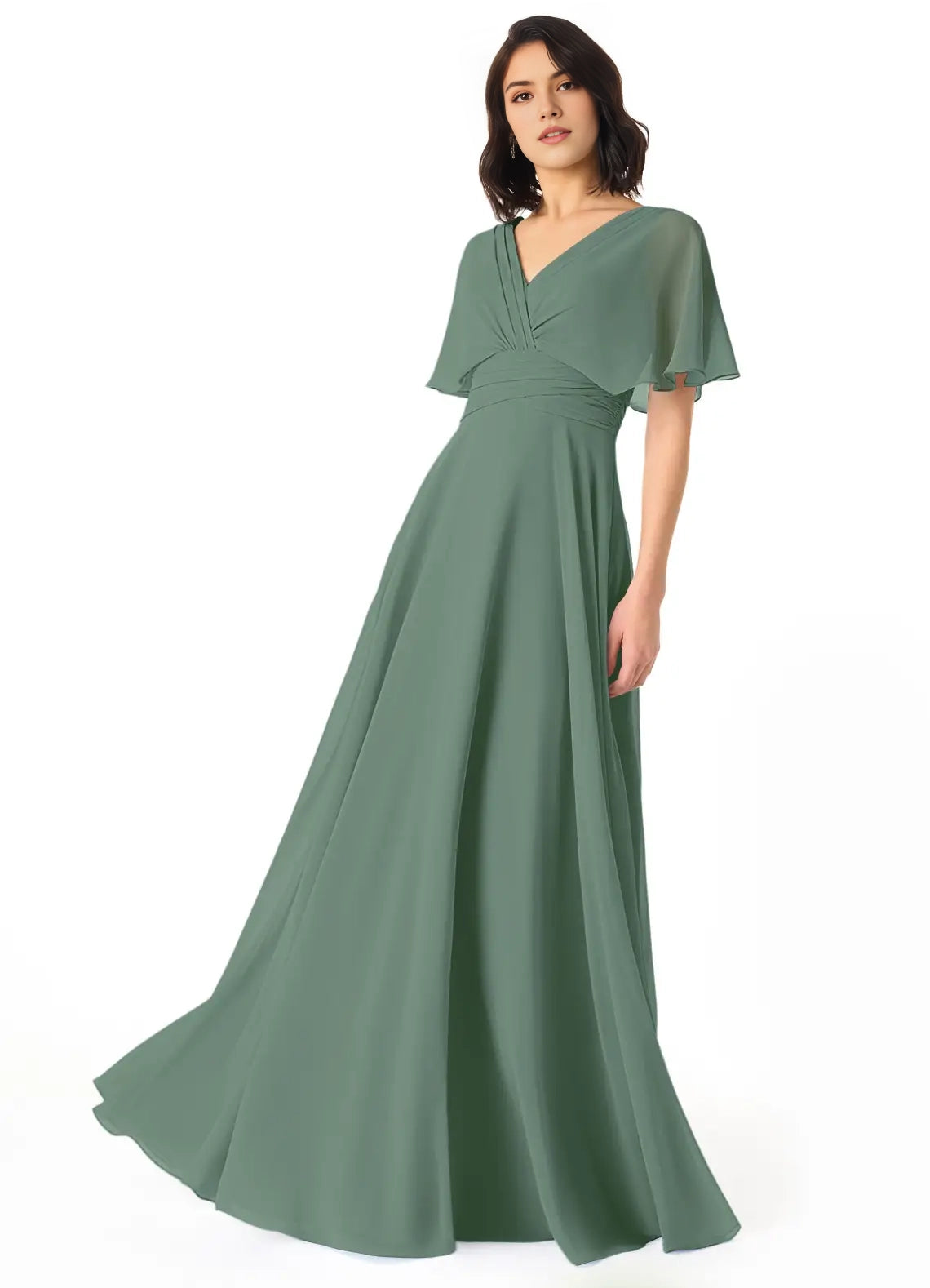 Green Chiffon V-Neck Evening Gown with Flutter Sleeves A-Line V-Neck Pleated Bridesmaid Dresses