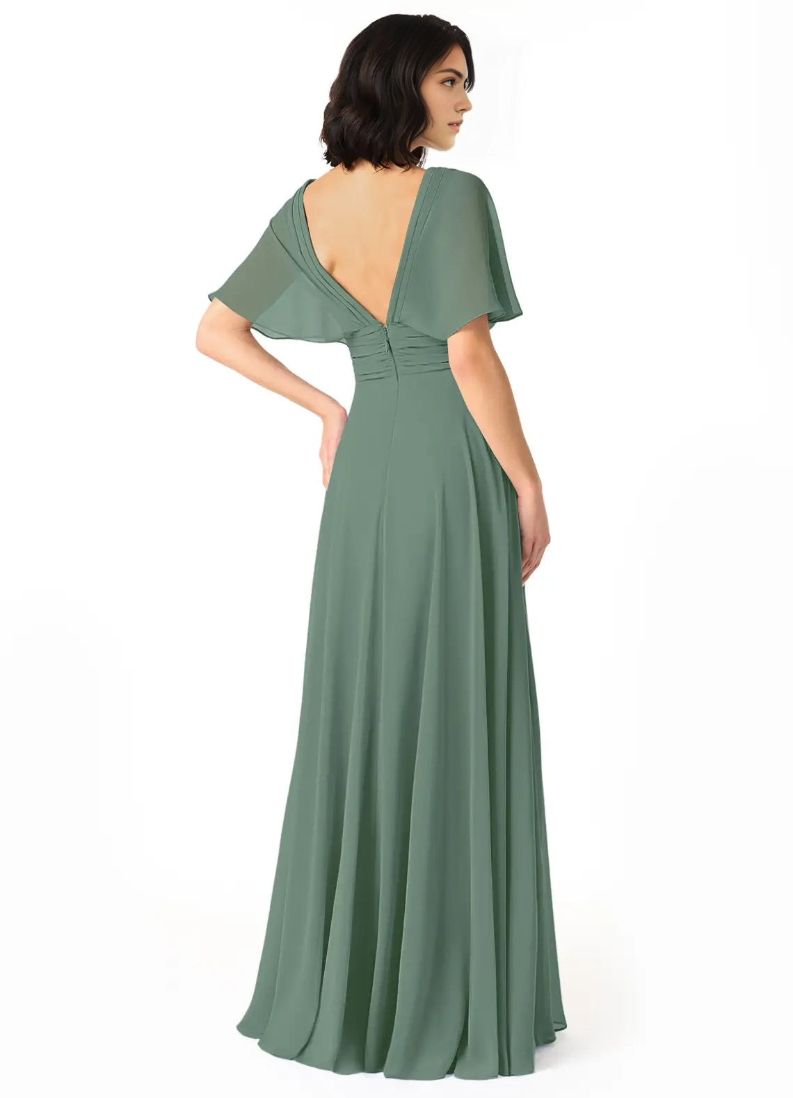 Green Chiffon V-Neck Evening Gown with Flutter Sleeves A-Line V-Neck Pleated Bridesmaid Dresses