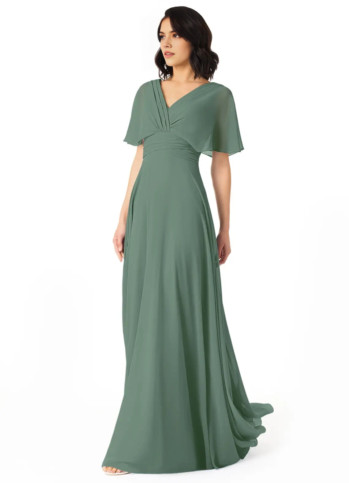 Green Chiffon V-Neck Evening Gown with Flutter Sleeves A-Line V-Neck Pleated Bridesmaid Dresses