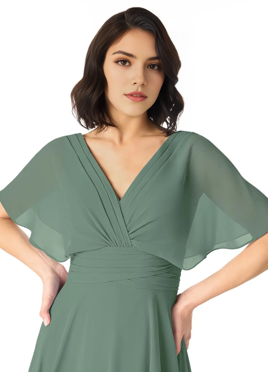 Green Chiffon V-Neck Evening Gown with Flutter Sleeves A-Line V-Neck Pleated Bridesmaid Dresses