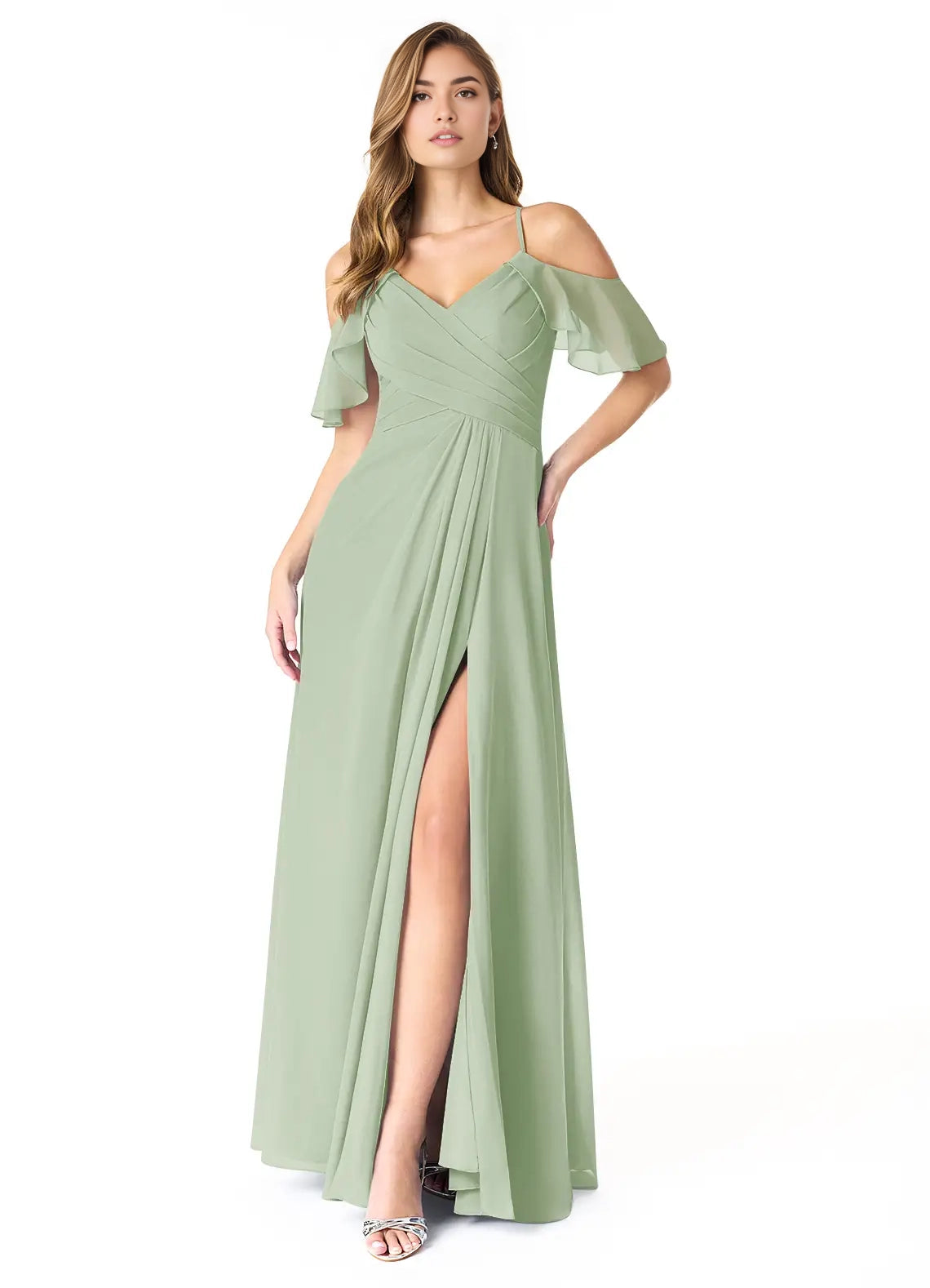 Sage Green Cold-Shoulder Chiffon Maxi Dress with Side Slit Dusty Sage A-Line V-Neck Pleated Chiffon Dress Bridesmaid Dresses