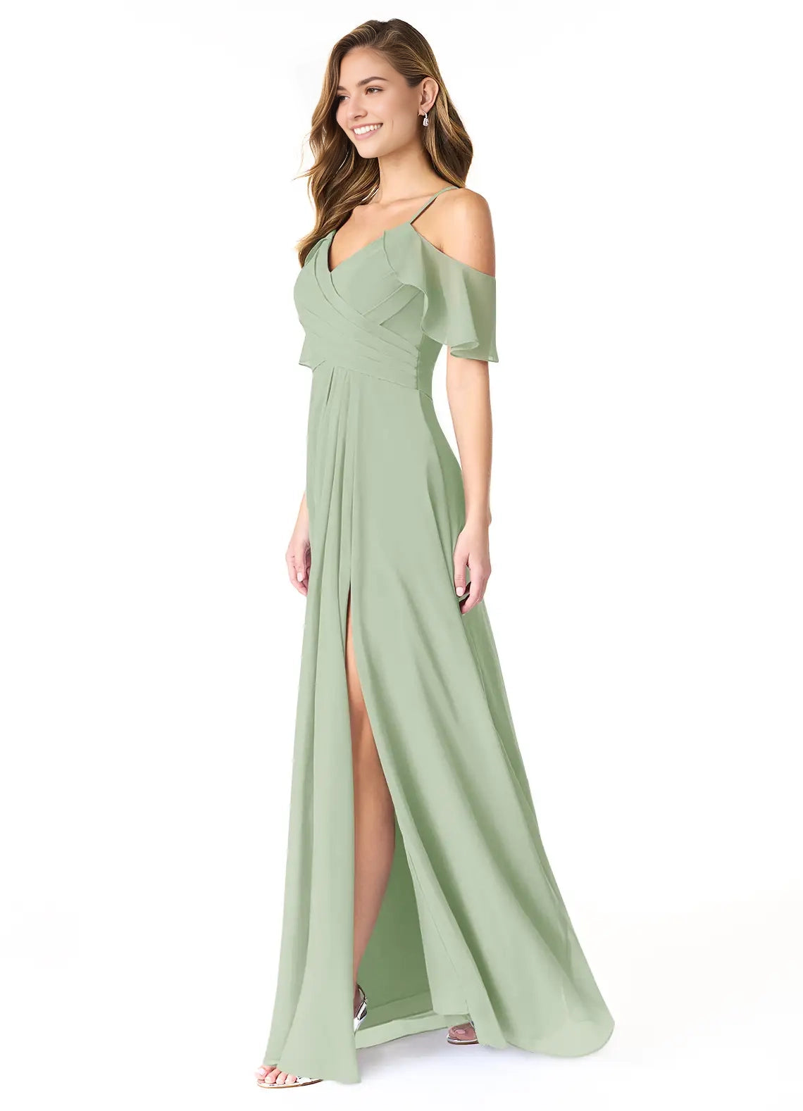Sage Green Cold-Shoulder Chiffon Maxi Dress with Side Slit Dusty Sage A-Line V-Neck Pleated Chiffon Dress Bridesmaid Dresses