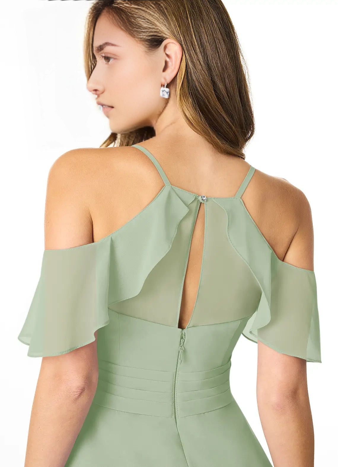 Sage Green Cold-Shoulder Chiffon Maxi Dress with Side Slit Dusty Sage A-Line V-Neck Pleated Chiffon Dress Bridesmaid Dresses