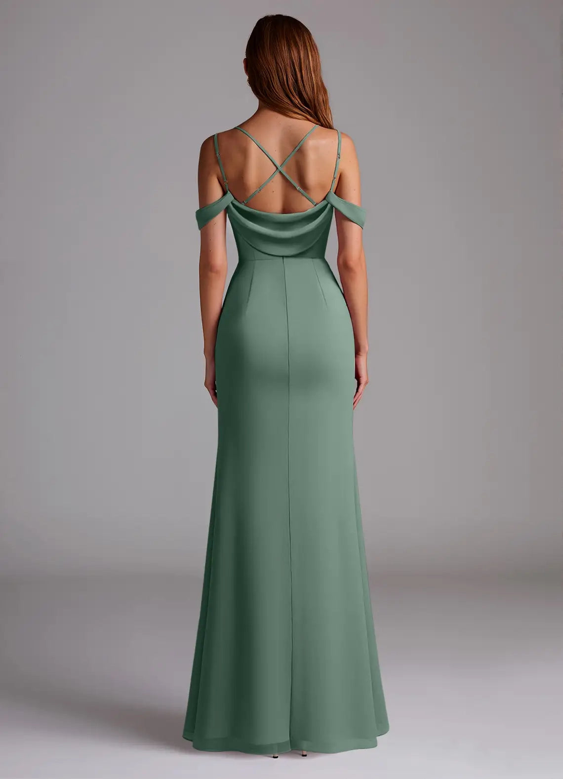 Green Cold-Shoulder Crisscross Back Evening Gown with Side Slit Eucalyptus Mermaid Pleated Chiffon Convertible Bridesmaid Dresses