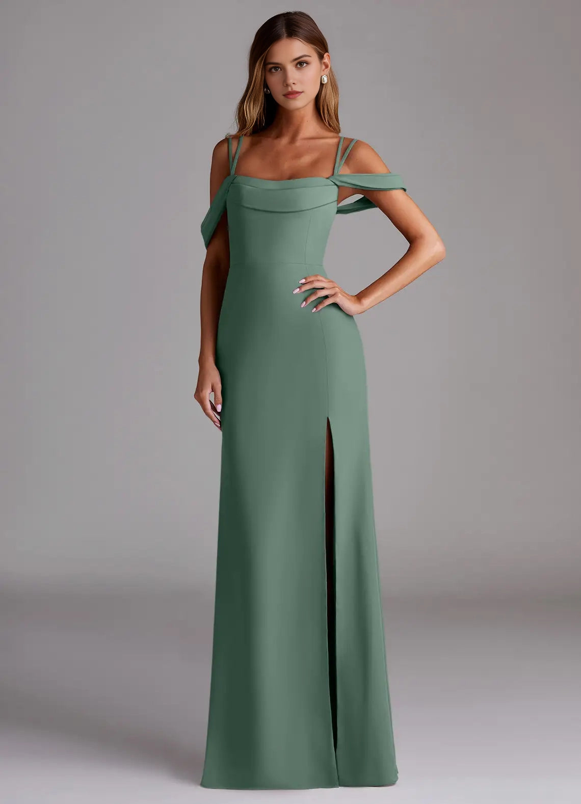 Green Cold-Shoulder Crisscross Back Evening Gown with Side Slit Eucalyptus Mermaid Pleated Chiffon Convertible Bridesmaid Dresses