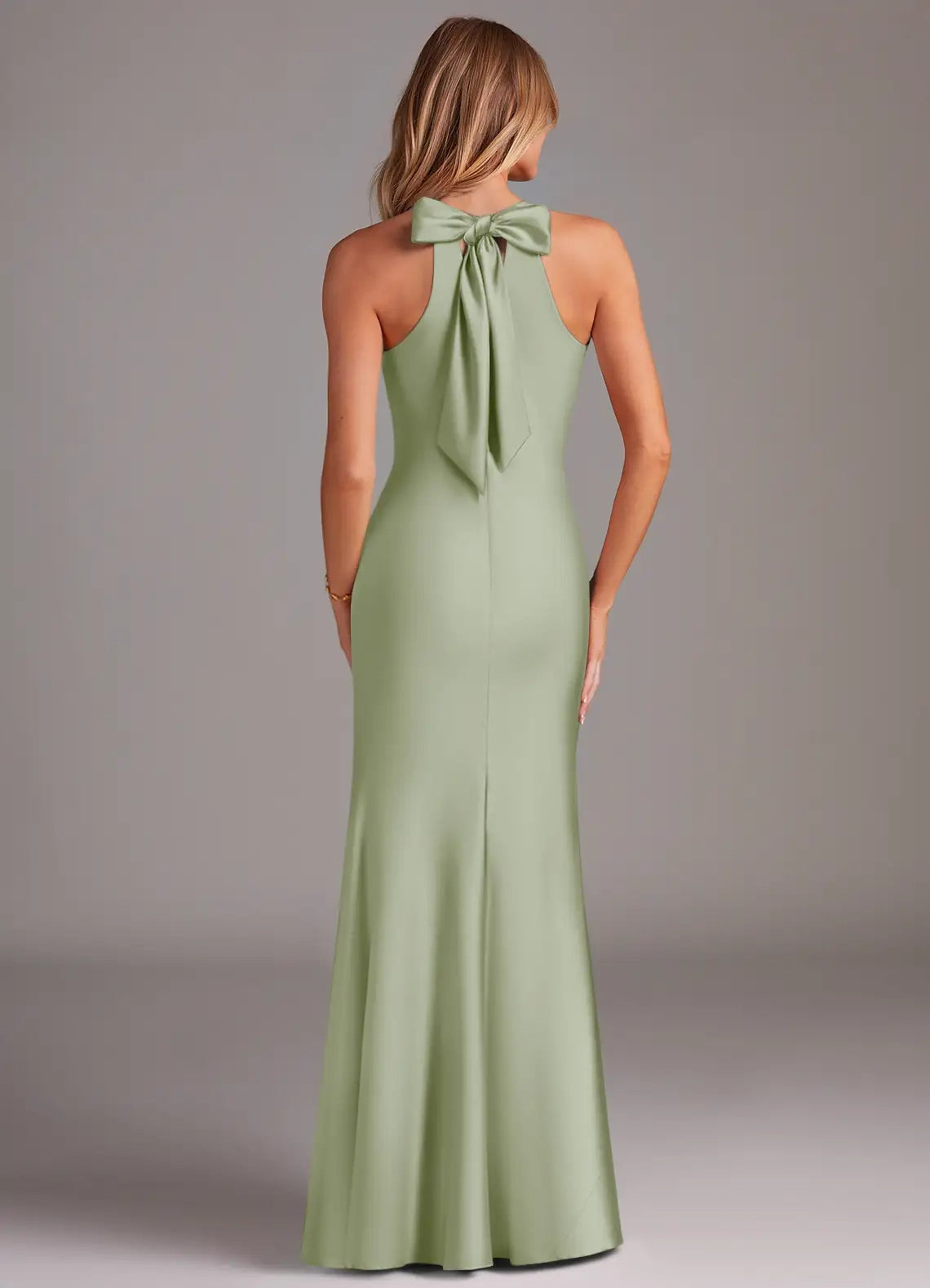 Sage Green Cross Halter Neck Maxi Dress with Back Bow Dusty Sage Mermaid Pleated Stretch Satin Dress Bridesmaid Dresses