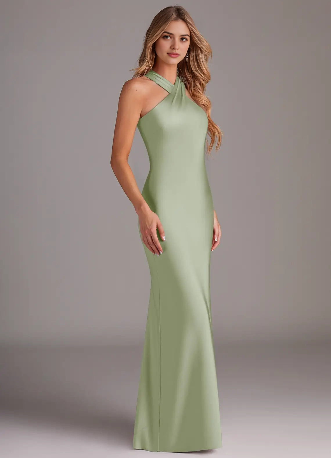 Sage Green Cross Halter Neck Maxi Dress with Back Bow Dusty Sage Mermaid Pleated Stretch Satin Dress Bridesmaid Dresses