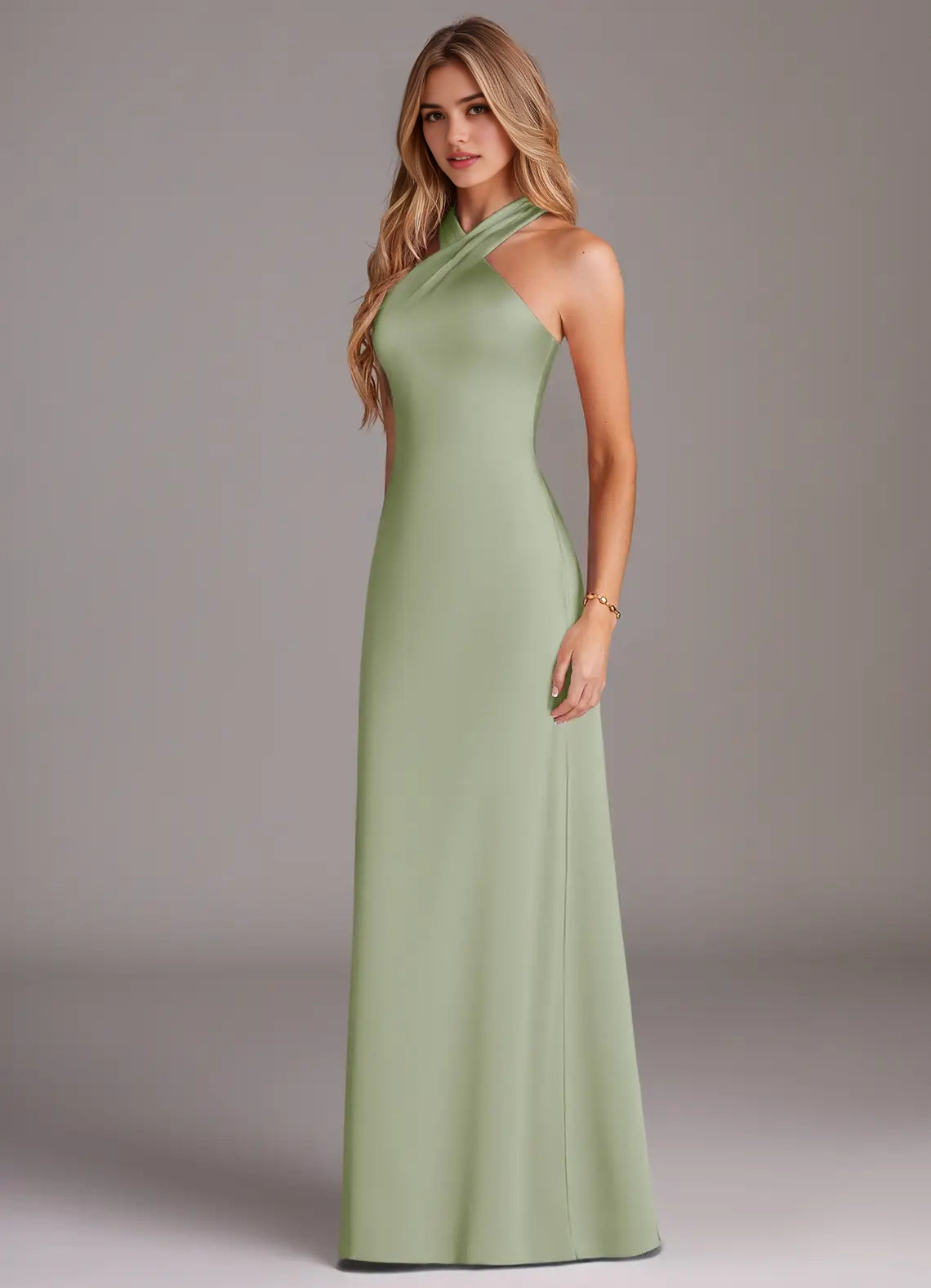 Sage Green Cross Halter Neck Maxi Dress with Back Bow Dusty Sage Mermaid Pleated Stretch Satin Dress Bridesmaid Dresses