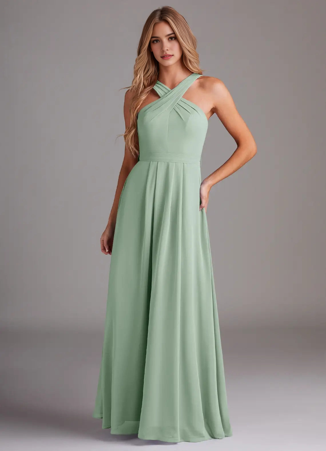 Sage Green Cross-Neck Maxi Dress with Back Bow A-Line Halter Pleated Chiffon Dress Bridesmaid Dresses