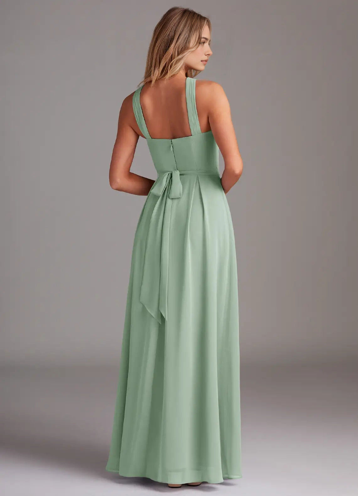 Sage Green Cross-Neck Maxi Dress with Back Bow A-Line Halter Pleated Chiffon Dress Bridesmaid Dresses