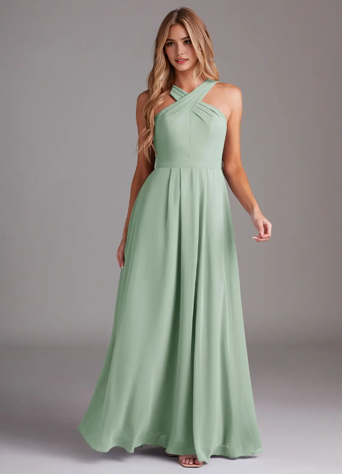 Sage Green Cross-Neck Maxi Dress with Back Bow A-Line Halter Pleated Chiffon Dress Bridesmaid Dresses