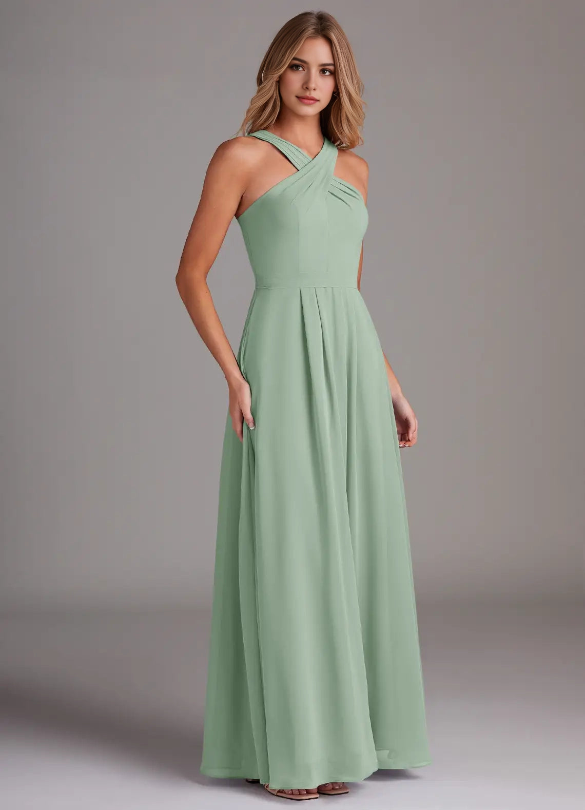 Sage Green Cross-Neck Maxi Dress with Back Bow A-Line Halter Pleated Chiffon Dress Bridesmaid Dresses