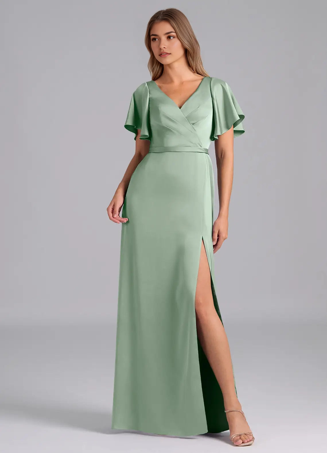 Sage Green Flutter Sleeve V-Neck Satin Maxi Dress with Side Slit Agave A-Line Pleated Stretch Satin Dress Bridesmaid Dresses