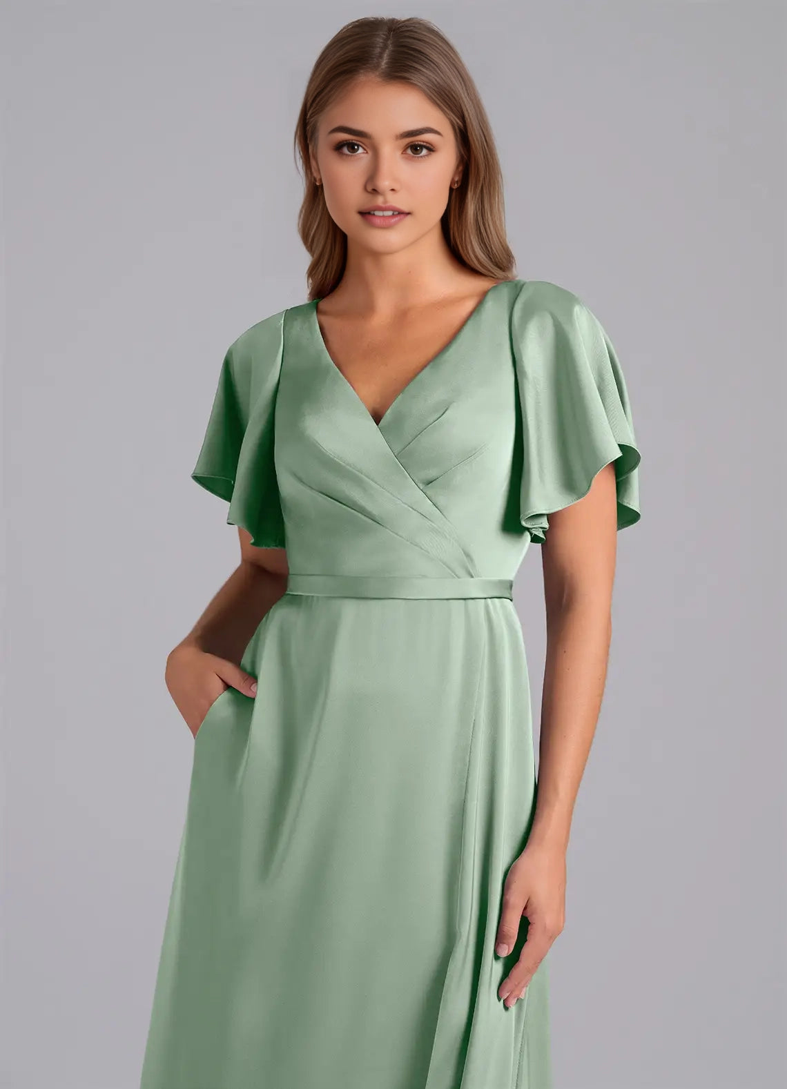 Sage Green Flutter Sleeve V-Neck Satin Maxi Dress with Side Slit Agave A-Line Pleated Stretch Satin Dress Bridesmaid Dresses