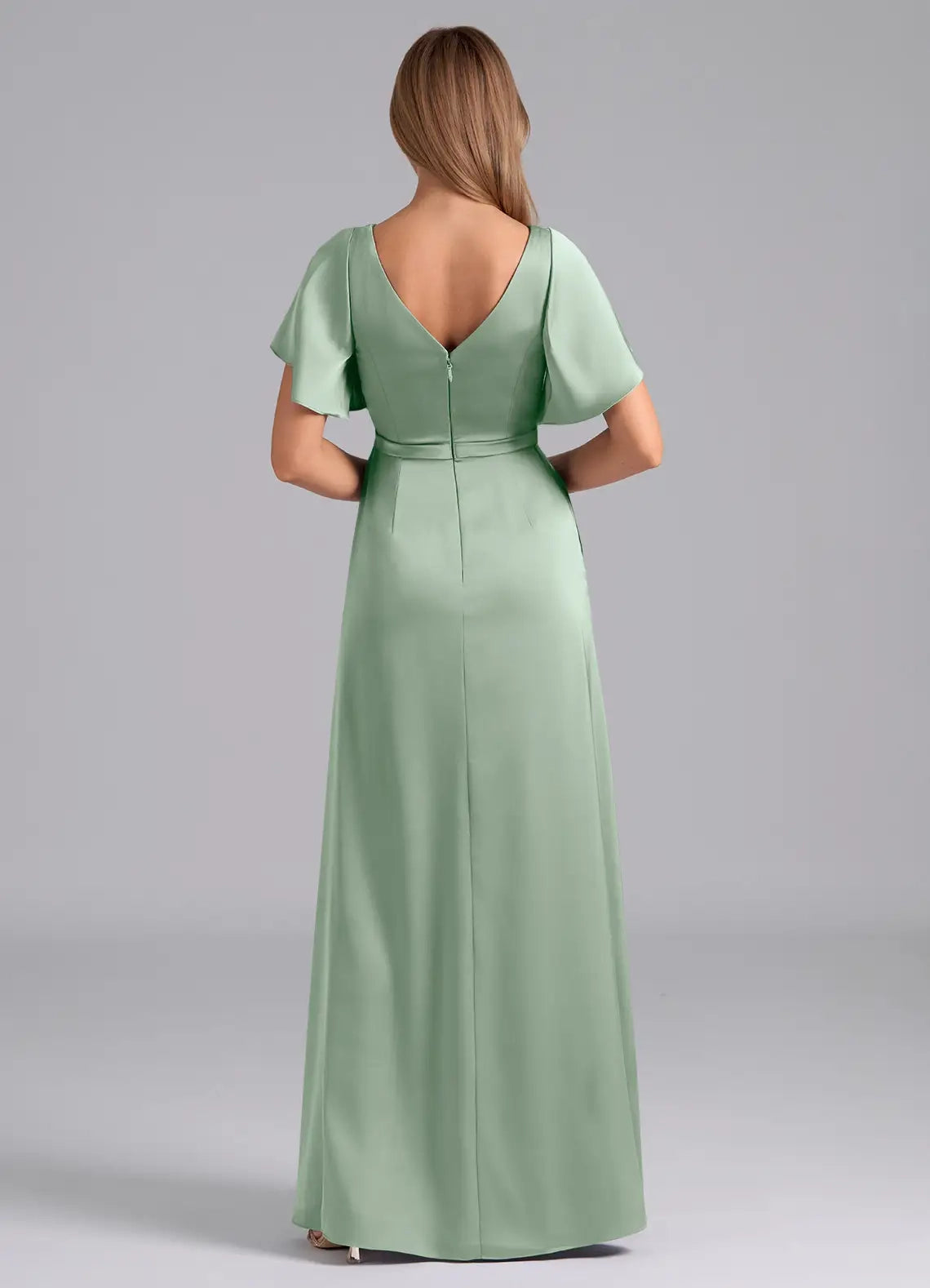 Sage Green Flutter Sleeve V-Neck Satin Maxi Dress with Side Slit Agave A-Line Pleated Stretch Satin Dress Bridesmaid Dresses