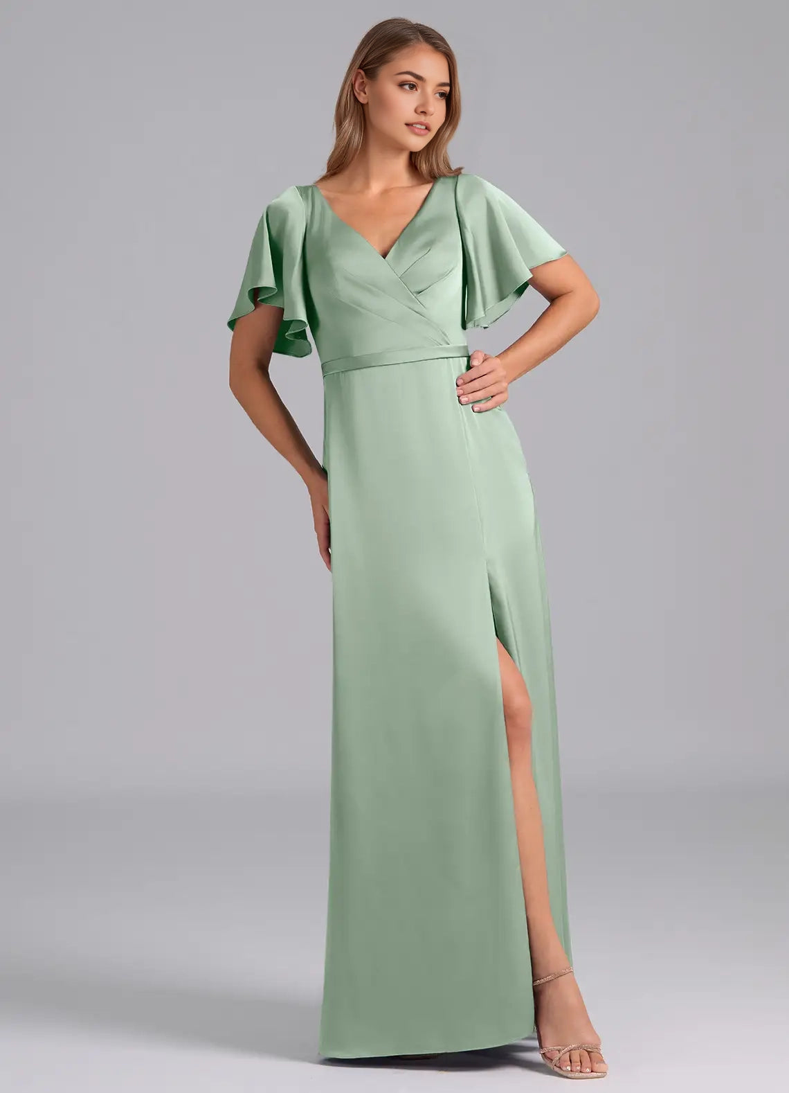 Sage Green Flutter Sleeve V-Neck Satin Maxi Dress with Side Slit Agave A-Line Pleated Stretch Satin Dress Bridesmaid Dresses