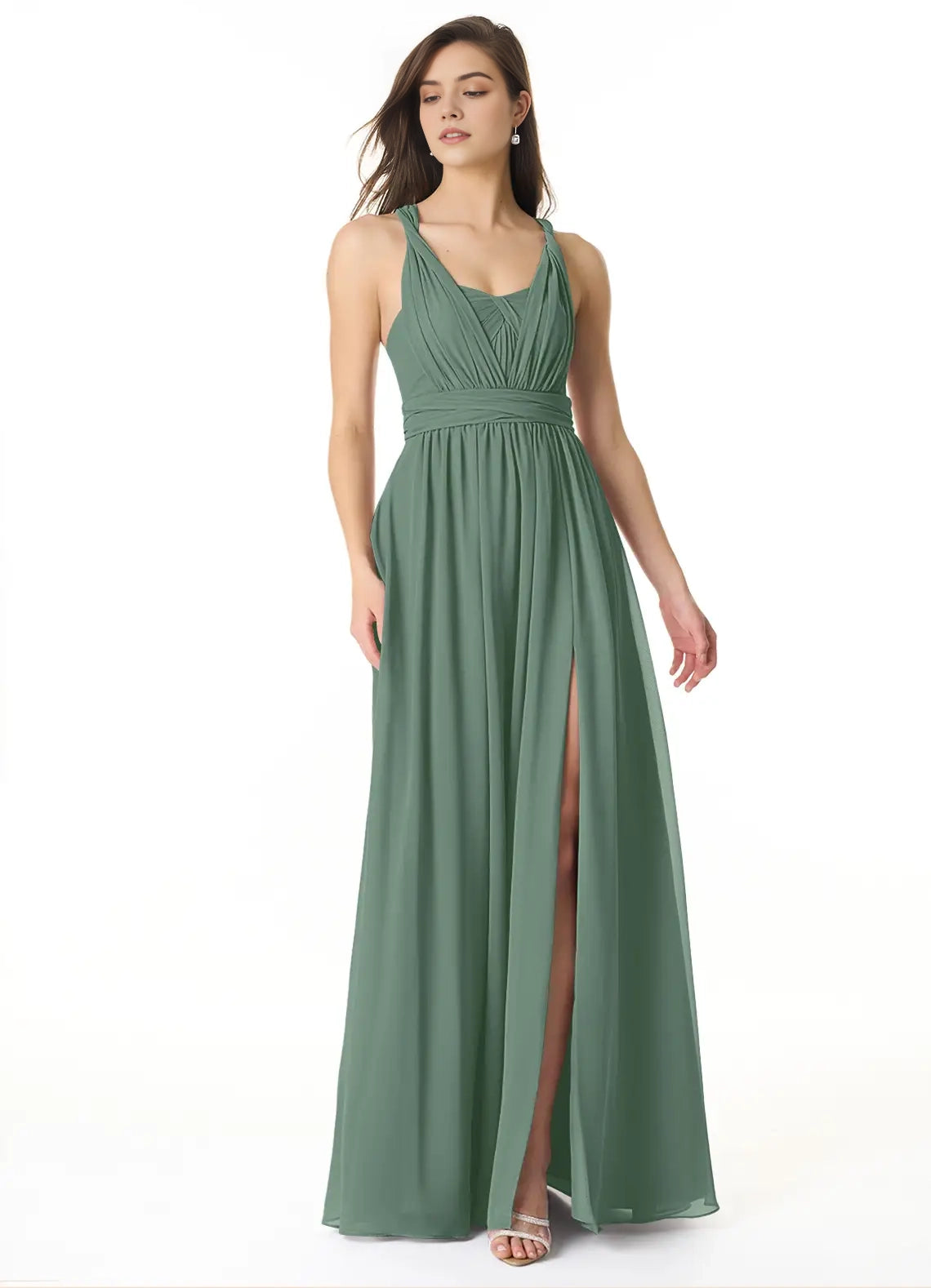 Green Halter Neck Crisscross Back Evening with Side Slit A-Line Off the Shoulder Chiffon Convertible Dress Bridesmaid Dresses