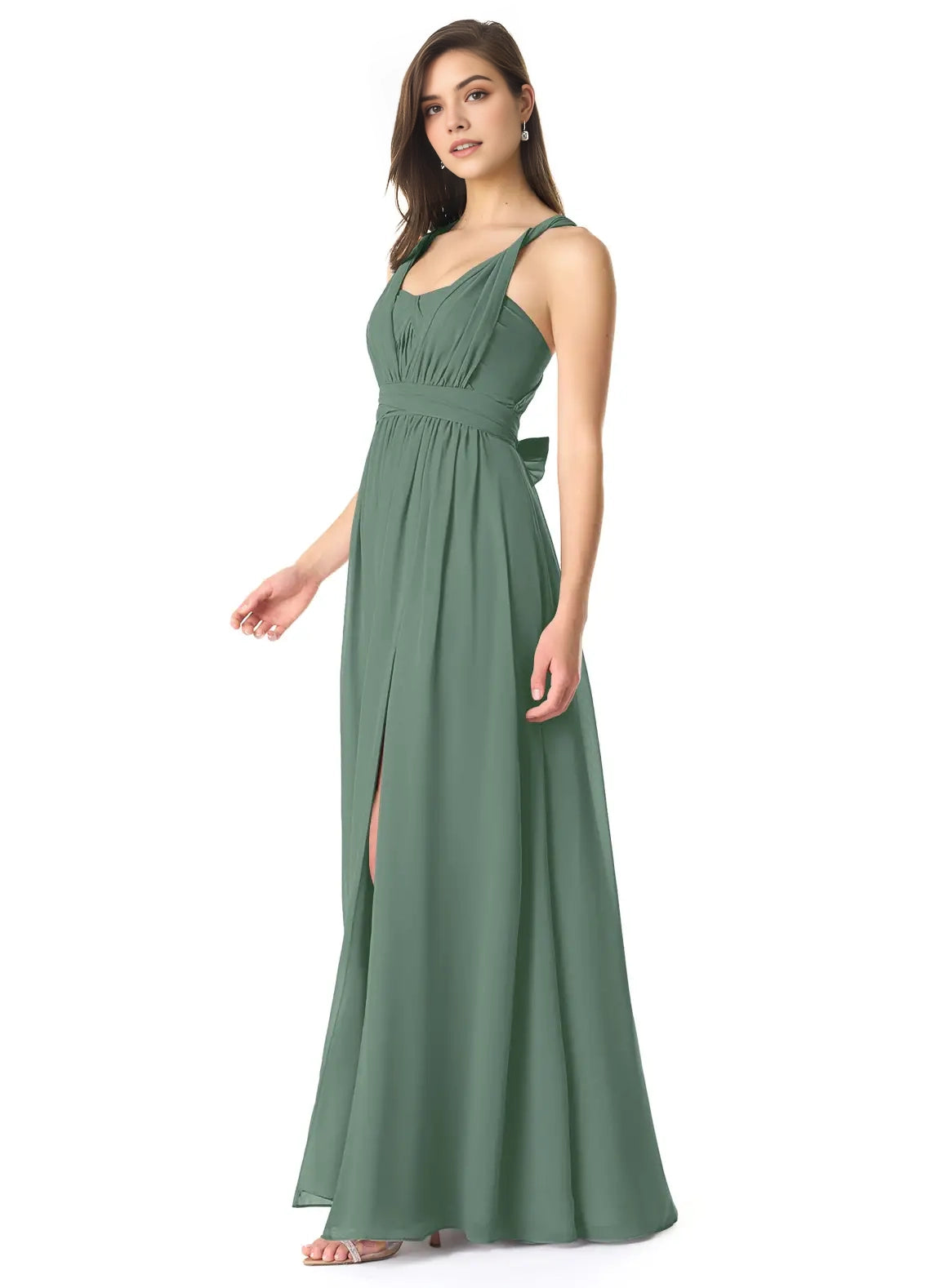 Green Halter Neck Crisscross Back Evening with Side Slit A-Line Off the Shoulder Chiffon Convertible Dress Bridesmaid Dresses