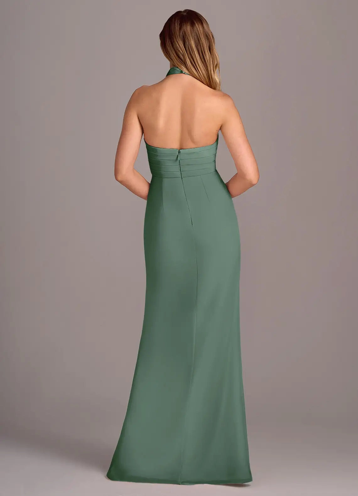 Sage Green Halter Neck Maxi Dress with Side Slit Sheath Pleated Chiffon Dress Bridesmaid Dresses