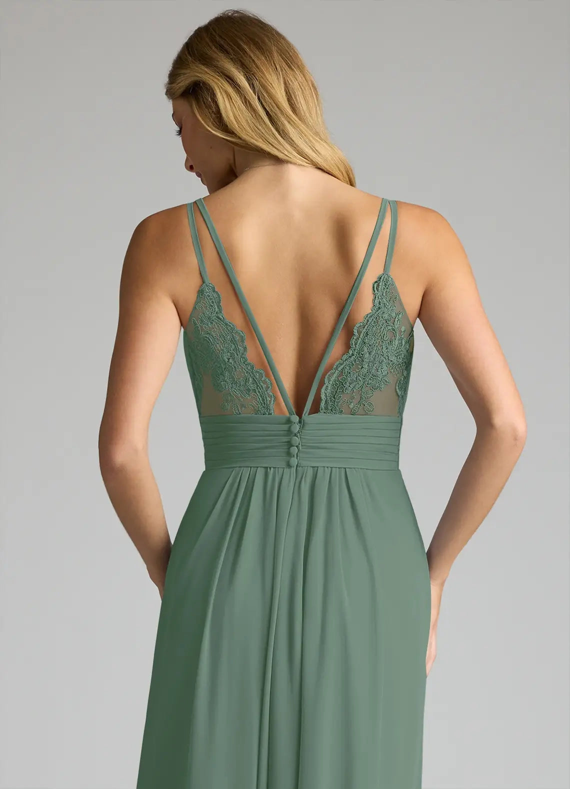 A-Line V-Neck Lace Chiffon Dress Sage Green Lace Back Maxi Dress with Side Slit Bridesmaid Dresses
