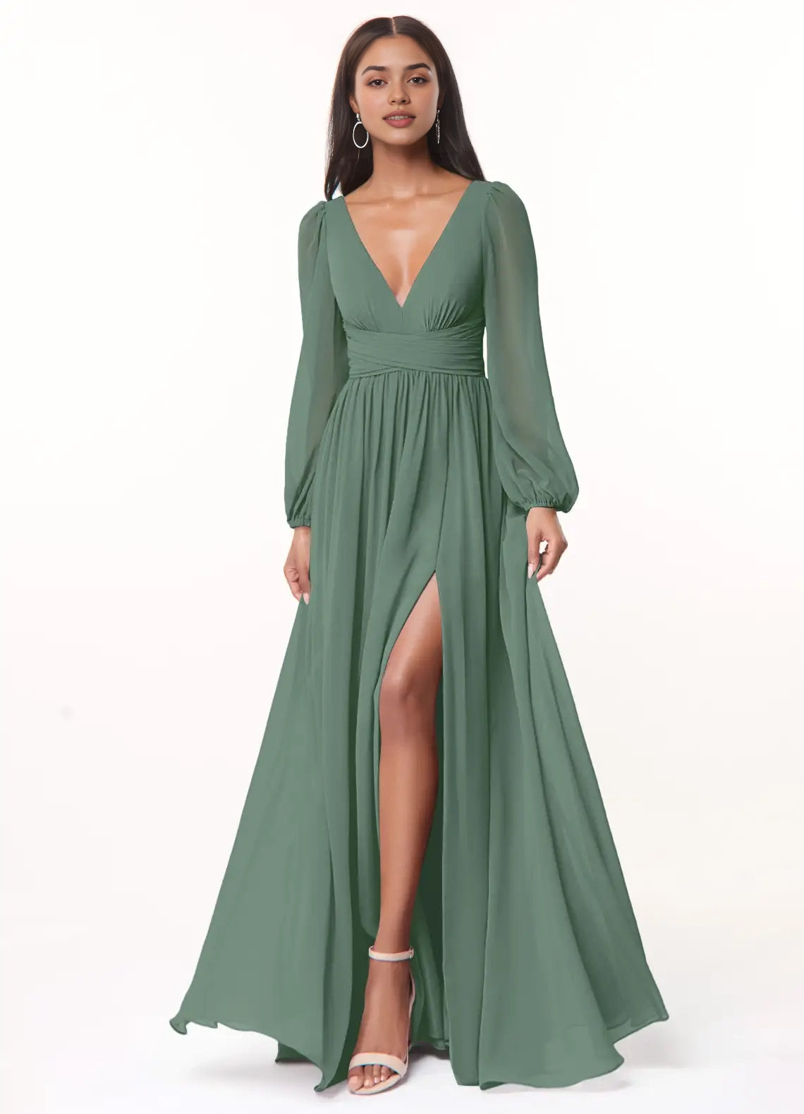 Sage Green Long Sleeve V-Neck Maxi Dress with Side Slit and Open Back Eucalyptus A-Line V-Neck Long Sleeve Chiffon Bridesmaid Dresses
