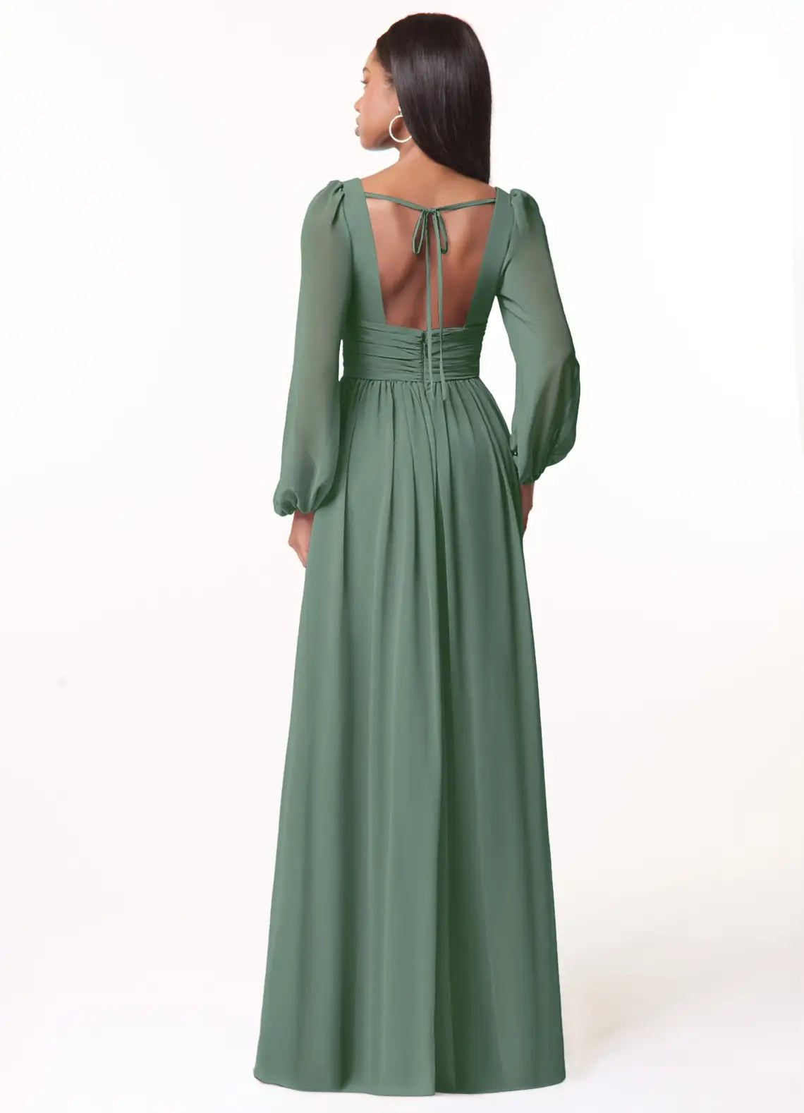 Sage Green Long Sleeve V-Neck Maxi Dress with Side Slit and Open Back Eucalyptus A-Line V-Neck Long Sleeve Chiffon Bridesmaid Dresses