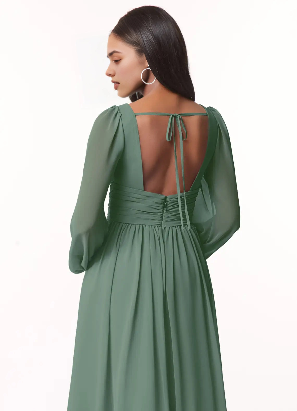 Sage Green Long Sleeve V-Neck Maxi Dress with Side Slit and Open Back Eucalyptus A-Line V-Neck Long Sleeve Chiffon Bridesmaid Dresses