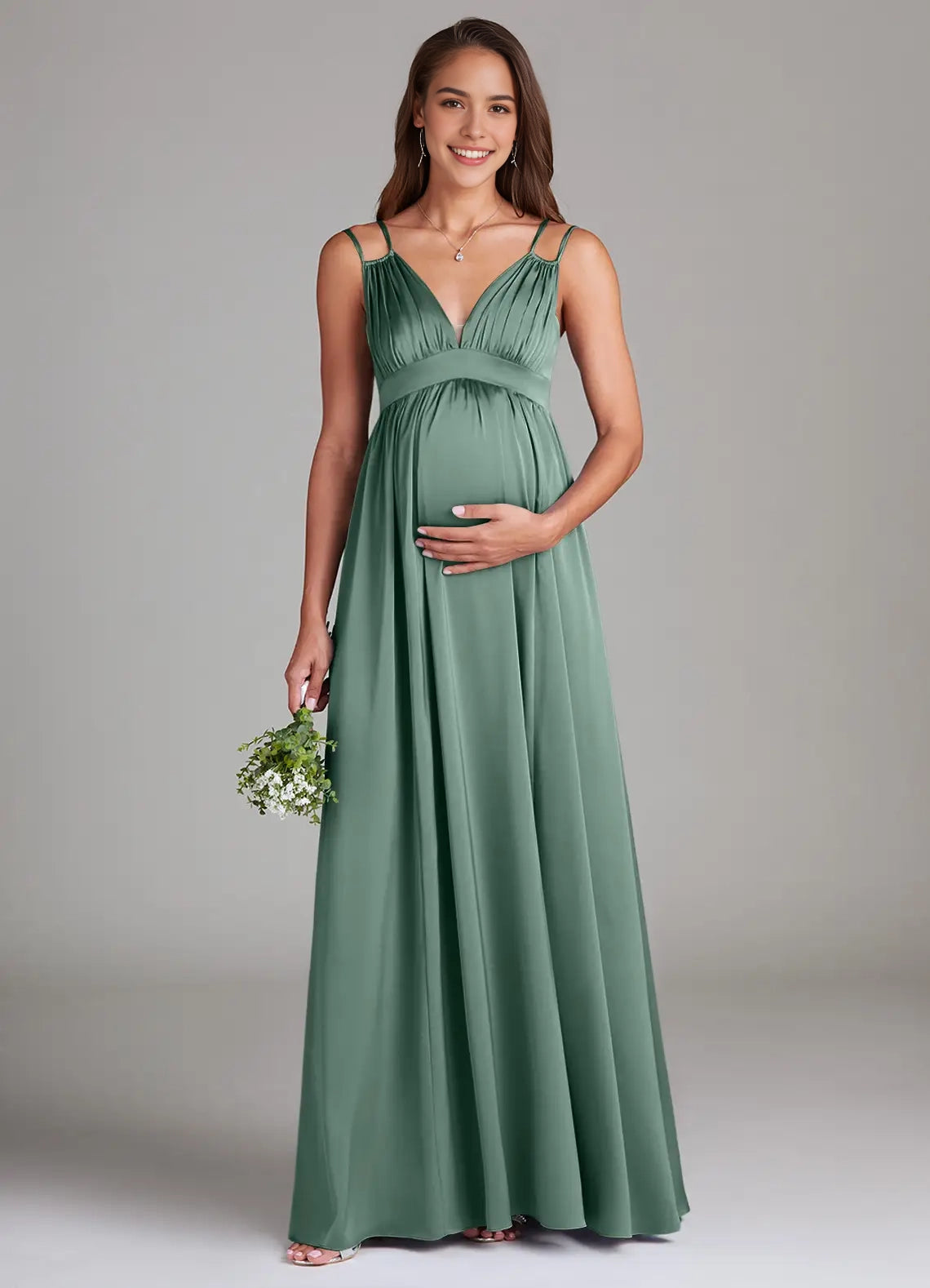 Sage Green Maternity Maxi Dress with Spaghetti Straps Stretch Satin Floor-Length Dress with Pockets Eucalyptus Bridesmaid Dresses