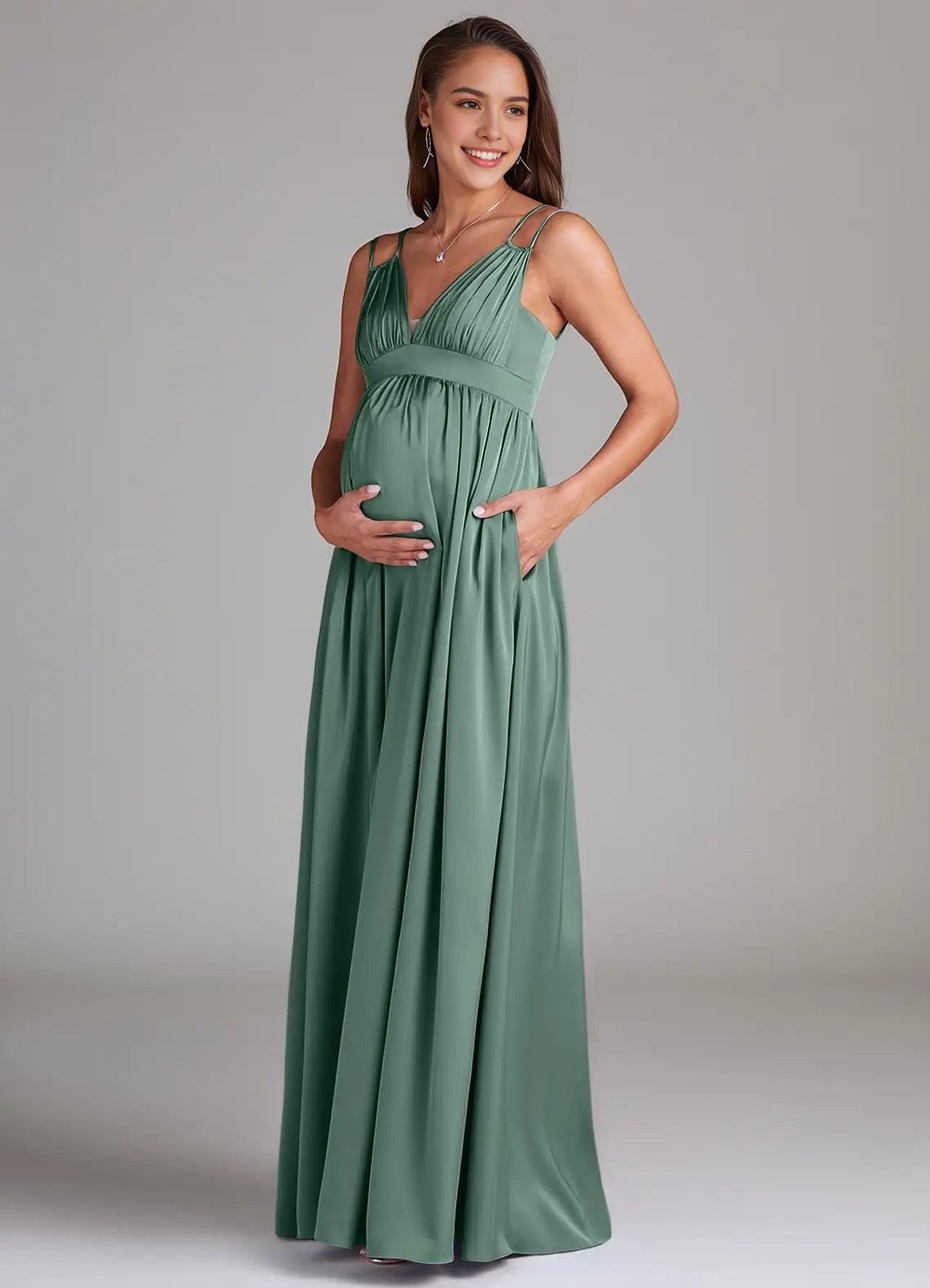 Sage Green Maternity Maxi Dress with Spaghetti Straps Stretch Satin Floor-Length Dress with Pockets Eucalyptus Bridesmaid Dresses