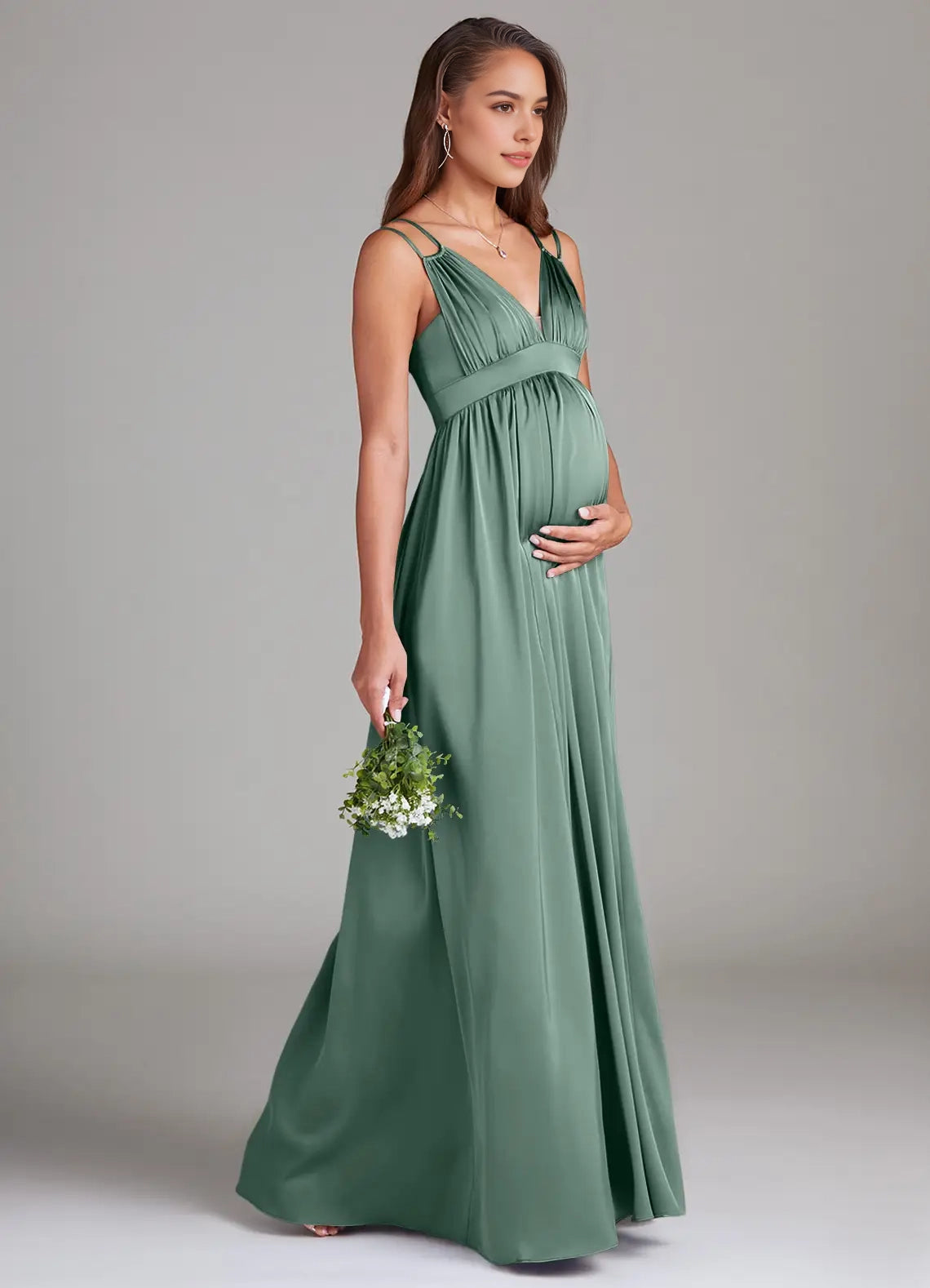 Sage Green Maternity Maxi Dress with Spaghetti Straps Stretch Satin Floor-Length Dress with Pockets Eucalyptus Bridesmaid Dresses