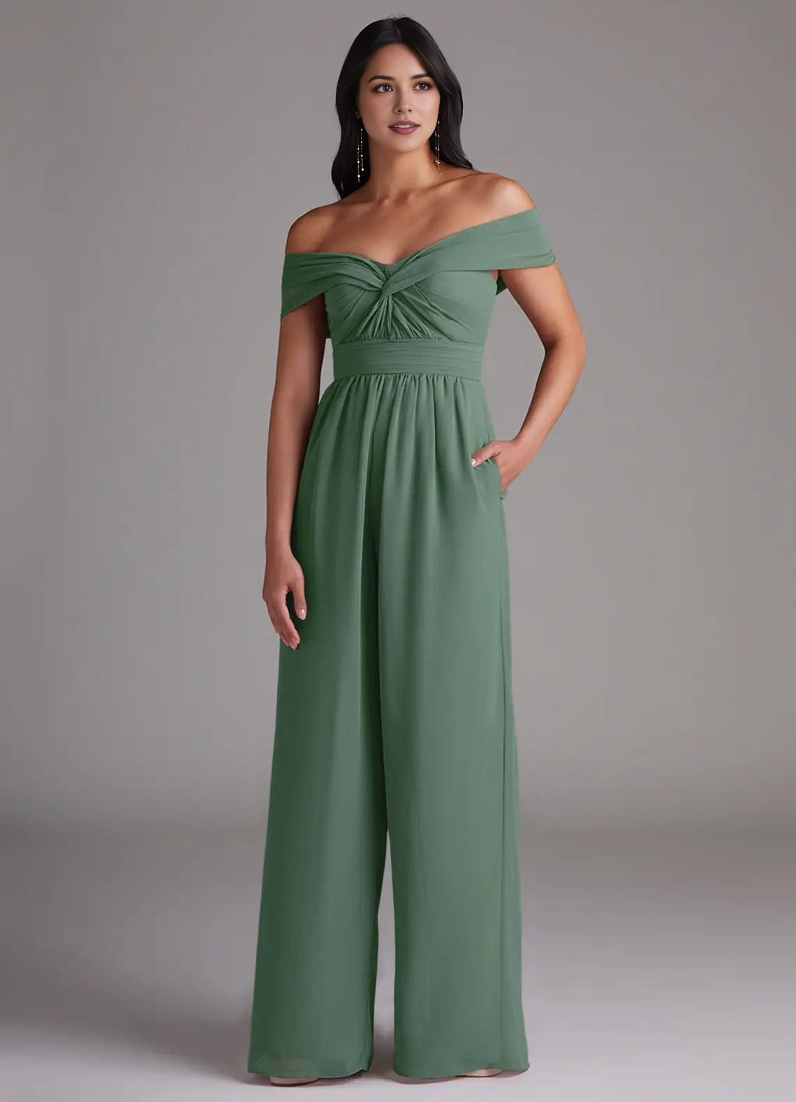 Green Off-Shoulder Jumpsuit with Bow Back and Pockets Eucalyptus Off the Chiffon Convertible  Bridesmaid Dresses