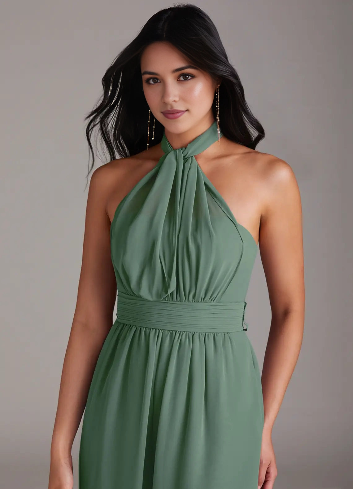 Green Off-Shoulder Jumpsuit with Bow Back and Pockets Eucalyptus Off the Chiffon Convertible  Bridesmaid Dresses