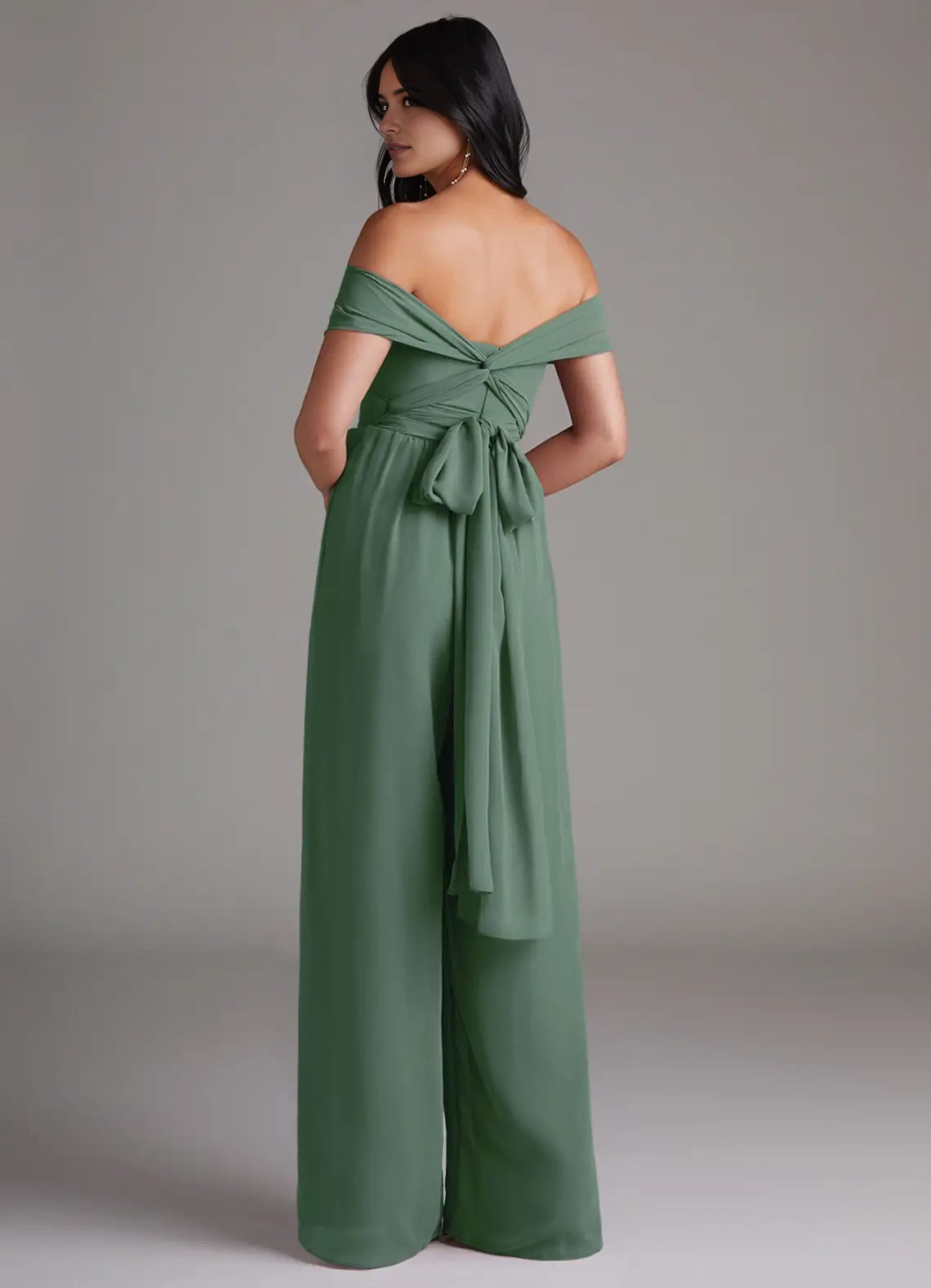 Green Off-Shoulder Jumpsuit with Bow Back and Pockets Eucalyptus Off the Chiffon Convertible  Bridesmaid Dresses