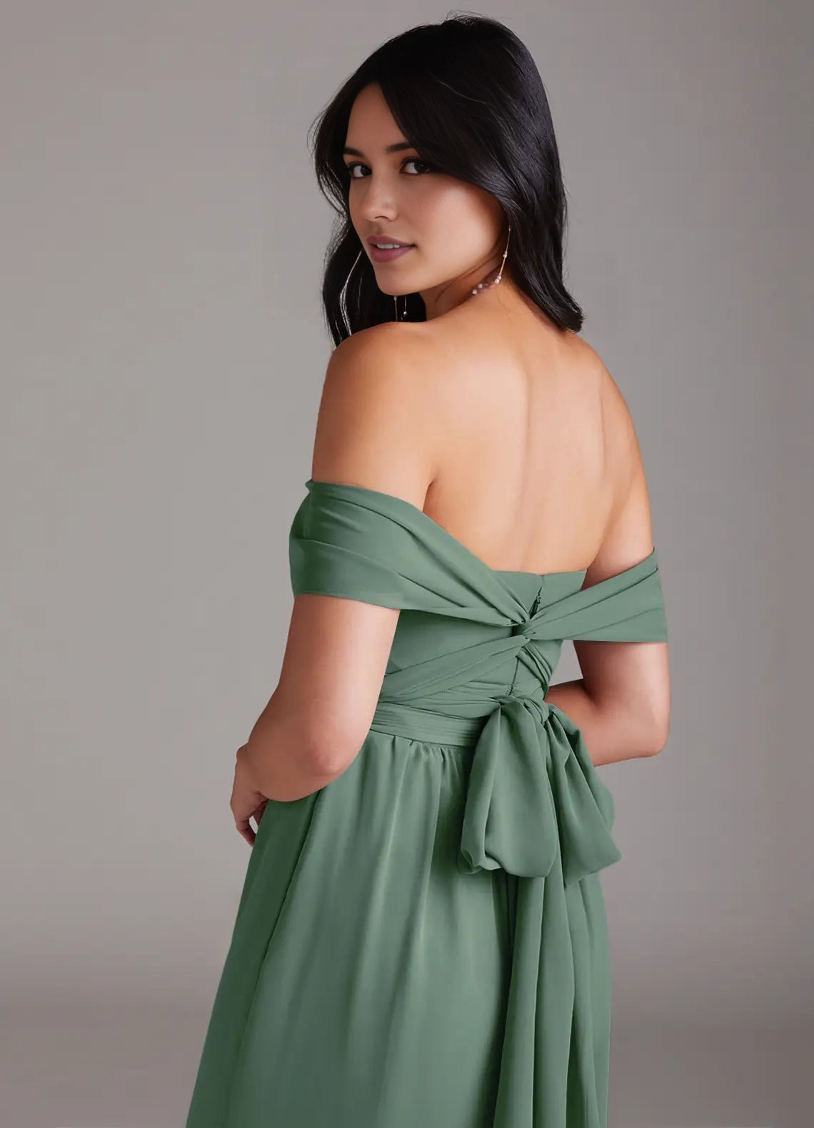 Green Off-Shoulder Jumpsuit with Bow Back and Pockets Eucalyptus Off the Chiffon Convertible  Bridesmaid Dresses