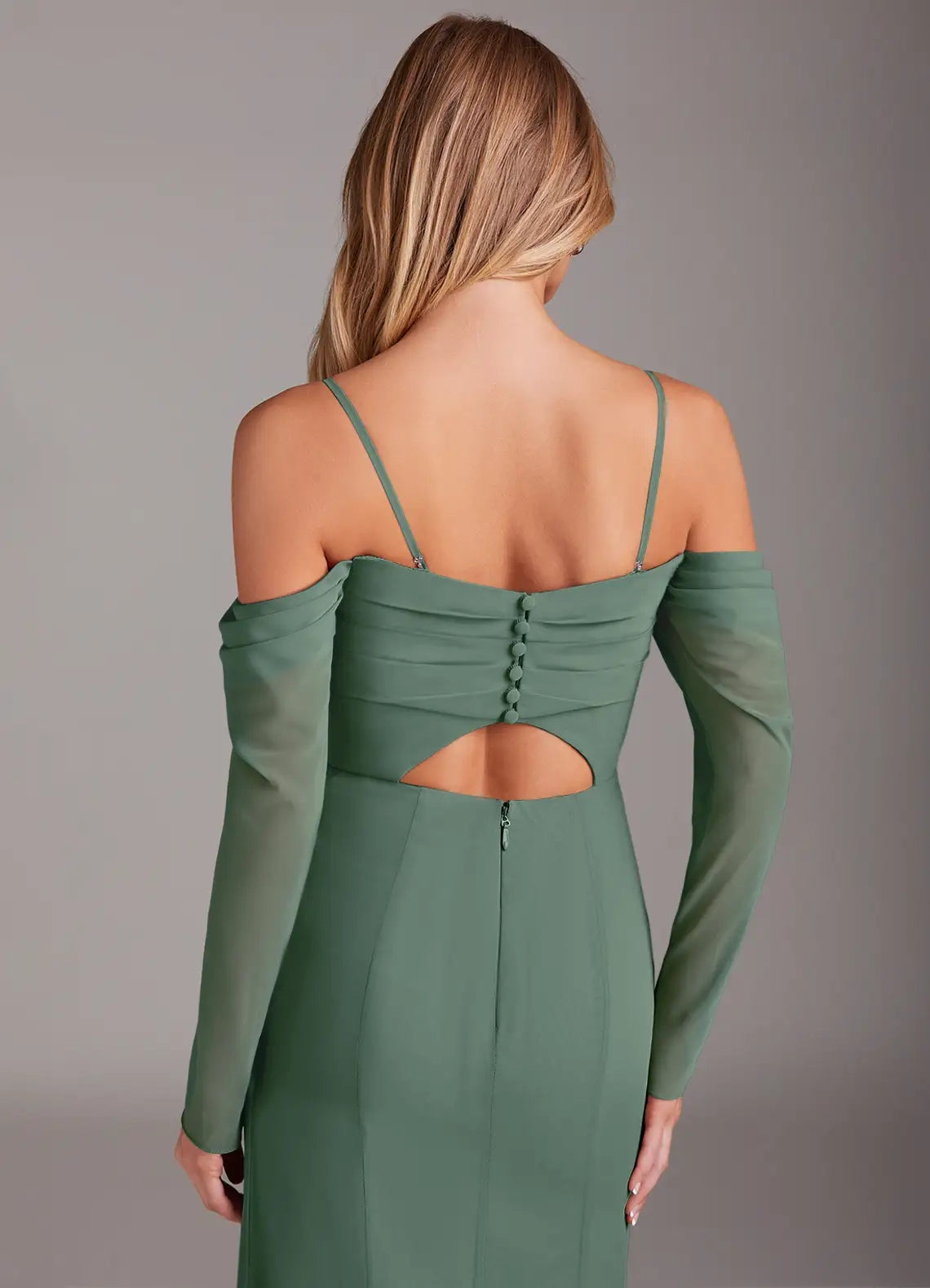 Sage Green Off-Shoulder Long Sleeve Maxi Dress with Side Slit Mermaid Long Sleeve Chiffon Bridesmaid Dresses