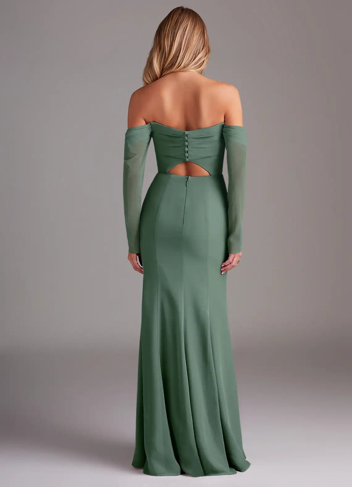 Sage Green Off-Shoulder Long Sleeve Maxi Dress with Side Slit Mermaid Long Sleeve Chiffon Bridesmaid Dresses