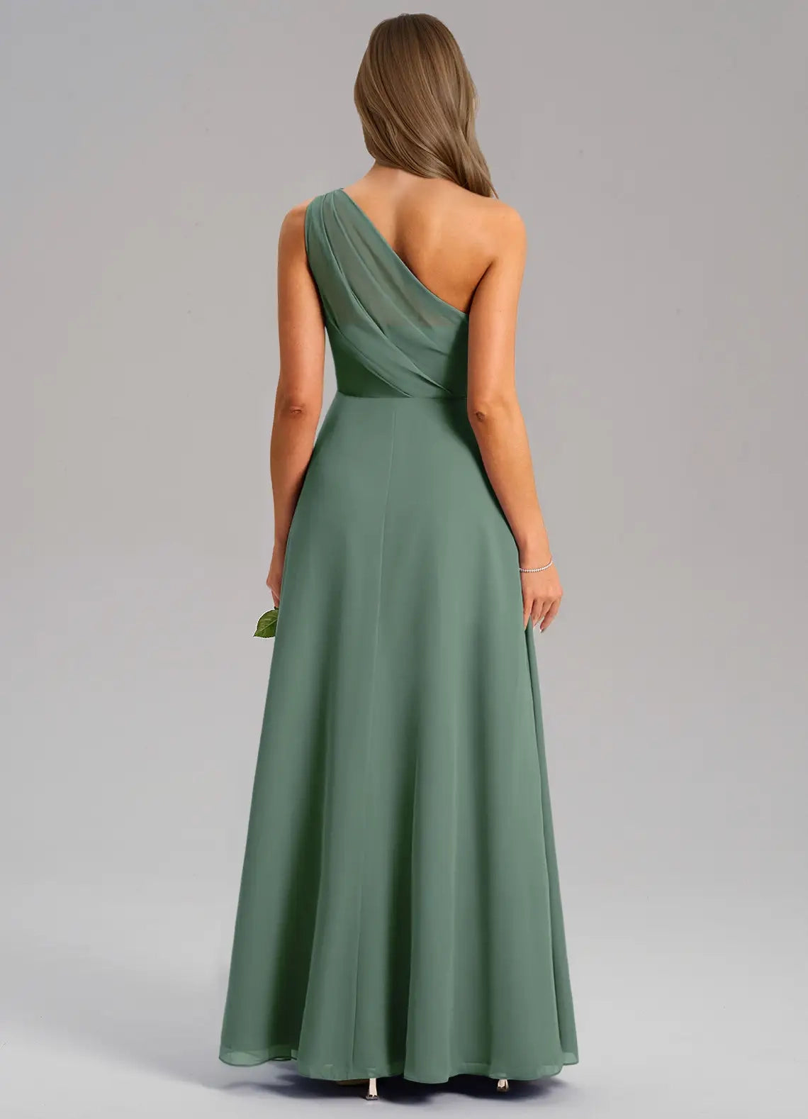 Sage Green One-Shoulder Chiffon Maxi Dress with Side Slit and Pockets Eucalyptus A-Line One Shoulder Chiffon Dress  Bridesmaid Dresses