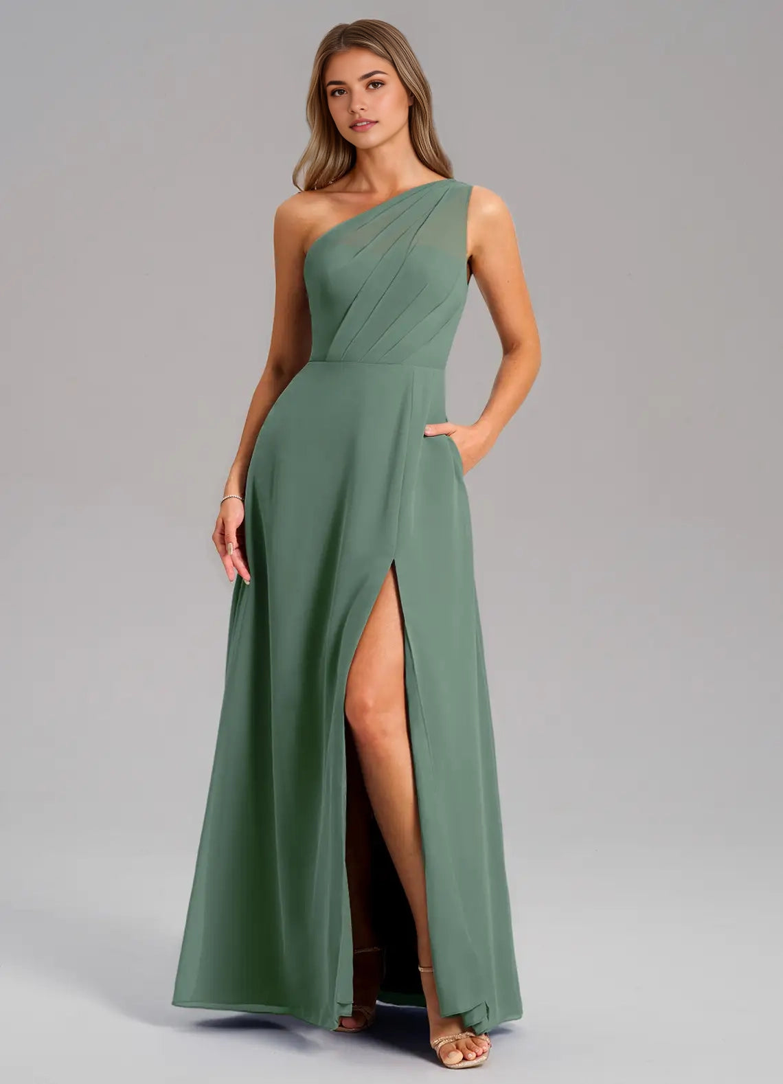 Sage Green One-Shoulder Chiffon Maxi Dress with Side Slit and Pockets Eucalyptus A-Line One Shoulder Chiffon Dress  Bridesmaid Dresses