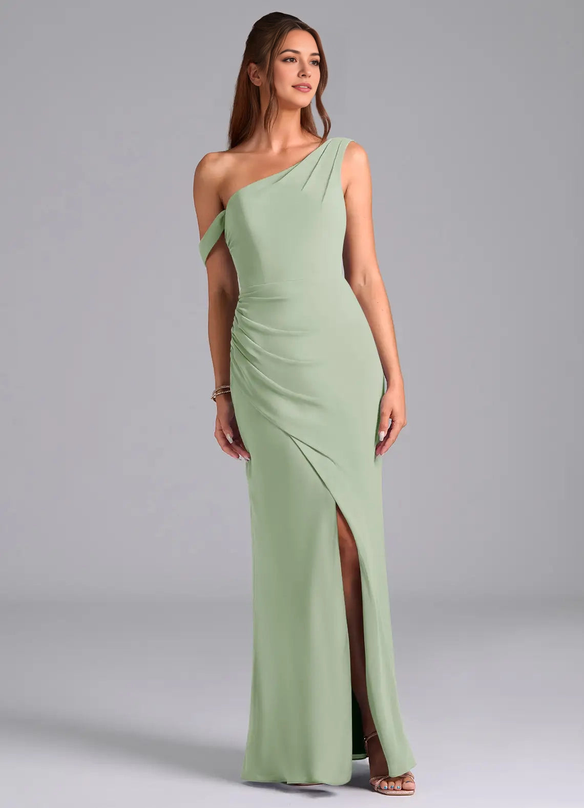 Sage Green One-Shoulder Maxi Dress with Side Slit and Draped Back Dusty Sage Mermaid Off the Shoulder Chiffon Convertible Dress Bridesmaid Dresses