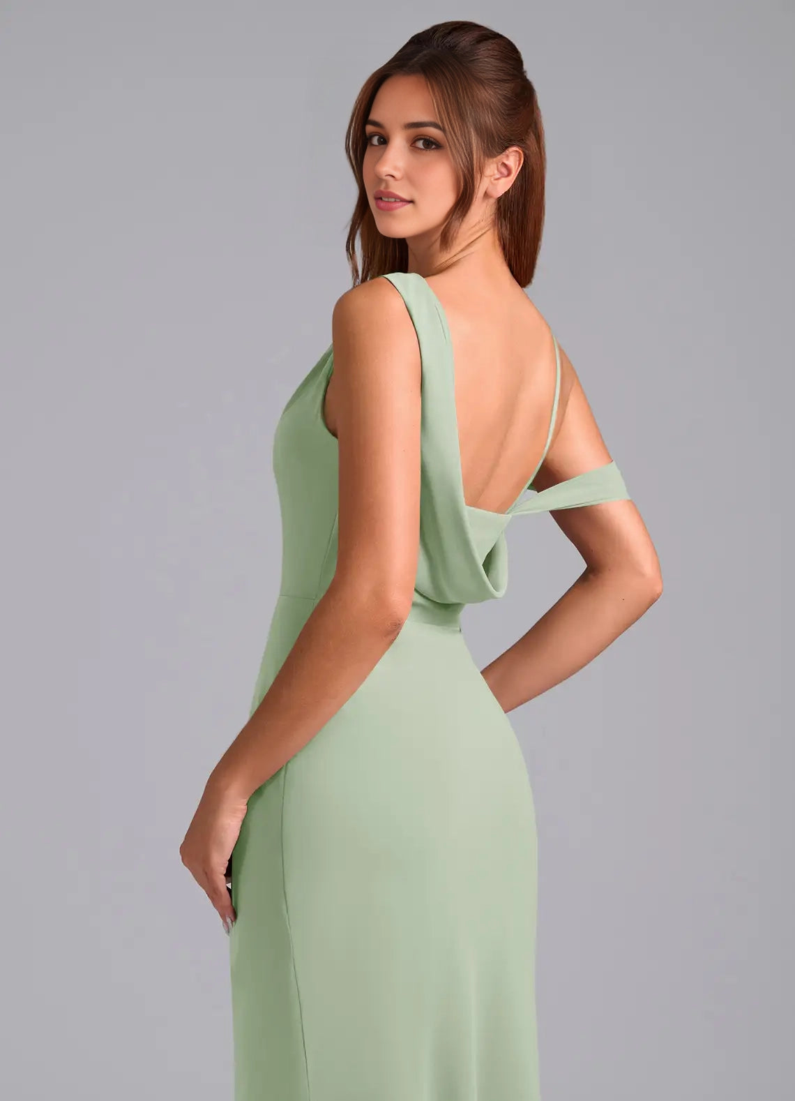 Sage Green One-Shoulder Maxi Dress with Side Slit and Draped Back Dusty Sage Mermaid Off the Shoulder Chiffon Convertible Dress Bridesmaid Dresses
