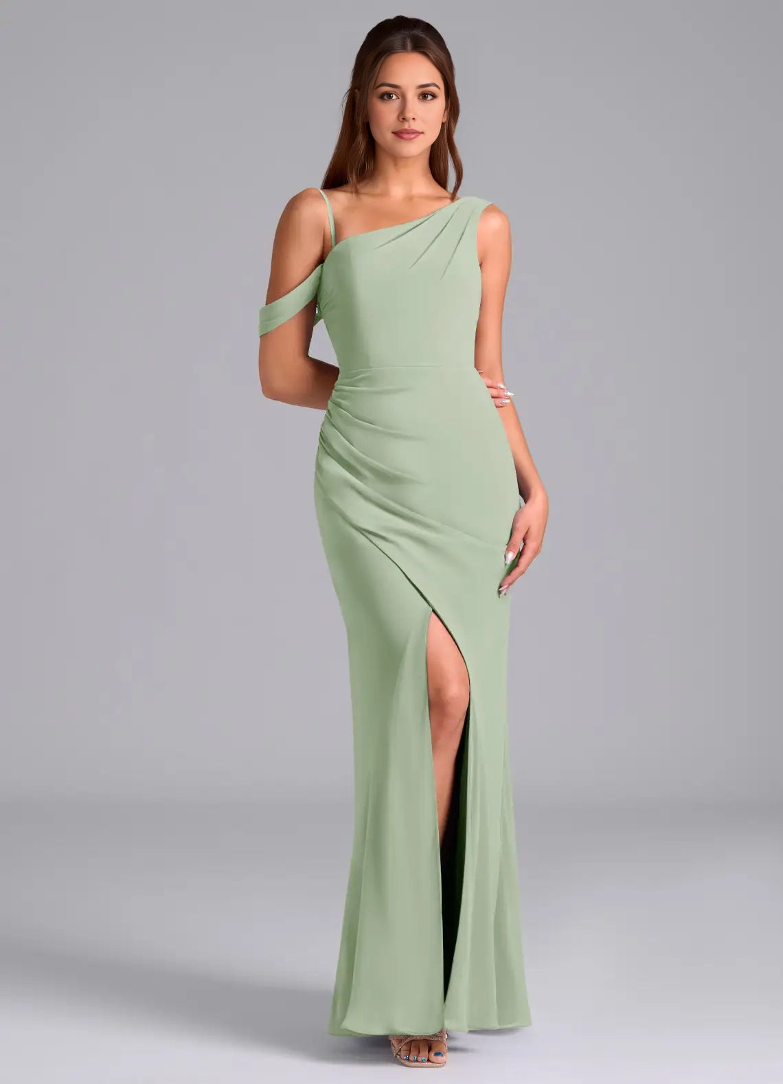 Sage Green One-Shoulder Maxi Dress with Side Slit and Draped Back Dusty Sage Mermaid Off the Shoulder Chiffon Convertible Dress Bridesmaid Dresses