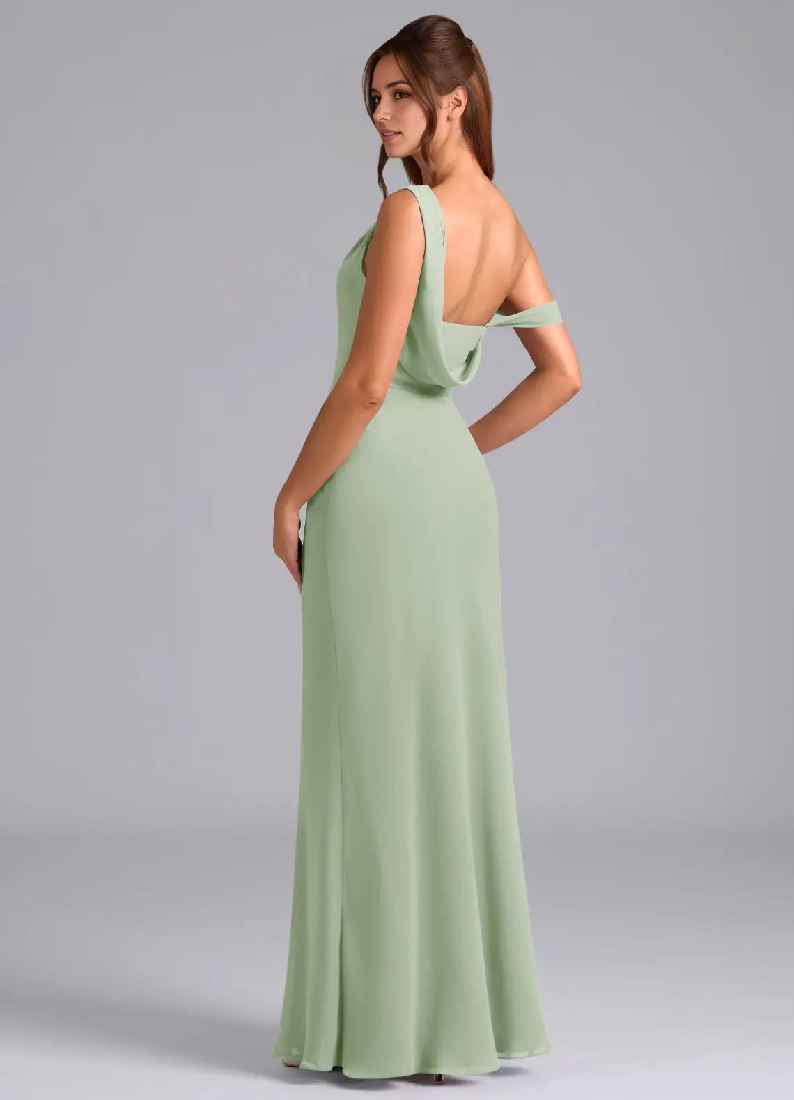 Sage Green One-Shoulder Maxi Dress with Side Slit and Draped Back Dusty Sage Mermaid Off the Shoulder Chiffon Convertible Dress Bridesmaid Dresses