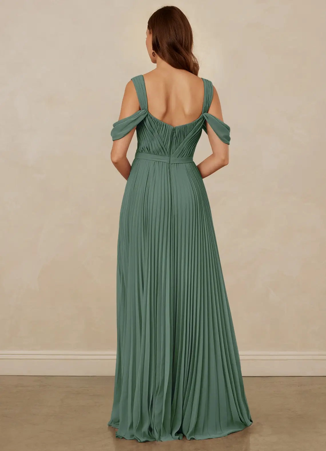 Sage Green Pleated Off-Shoulder Maxi Dress with Pockets Eucalyptus A-Line Off the Shoulder Chiffon Dress Bridesmaid Dresses