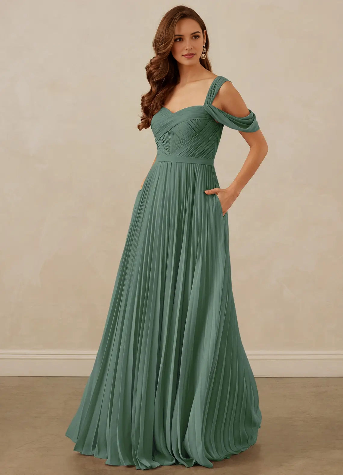 Sage Green Pleated Off-Shoulder Maxi Dress with Pockets Eucalyptus A-Line Off the Shoulder Chiffon Dress Bridesmaid Dresses